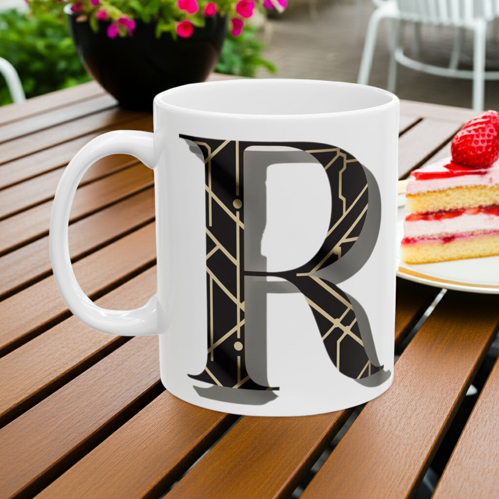 White mug with a decorative letter 'R' on a wooden table with a cake and flowers in the background