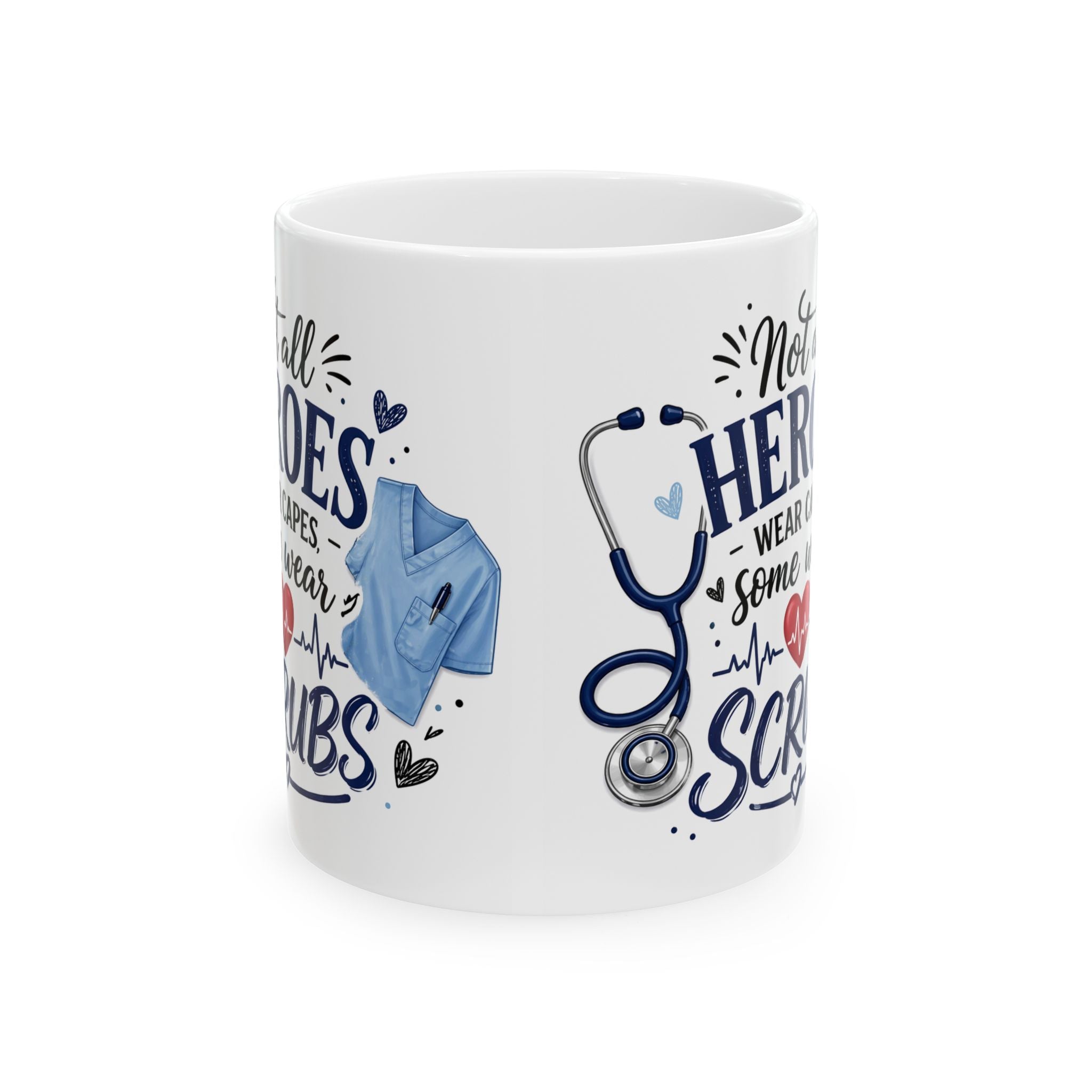 White mug with medical-themed design featuring a stethoscope, coat, and text on a white background