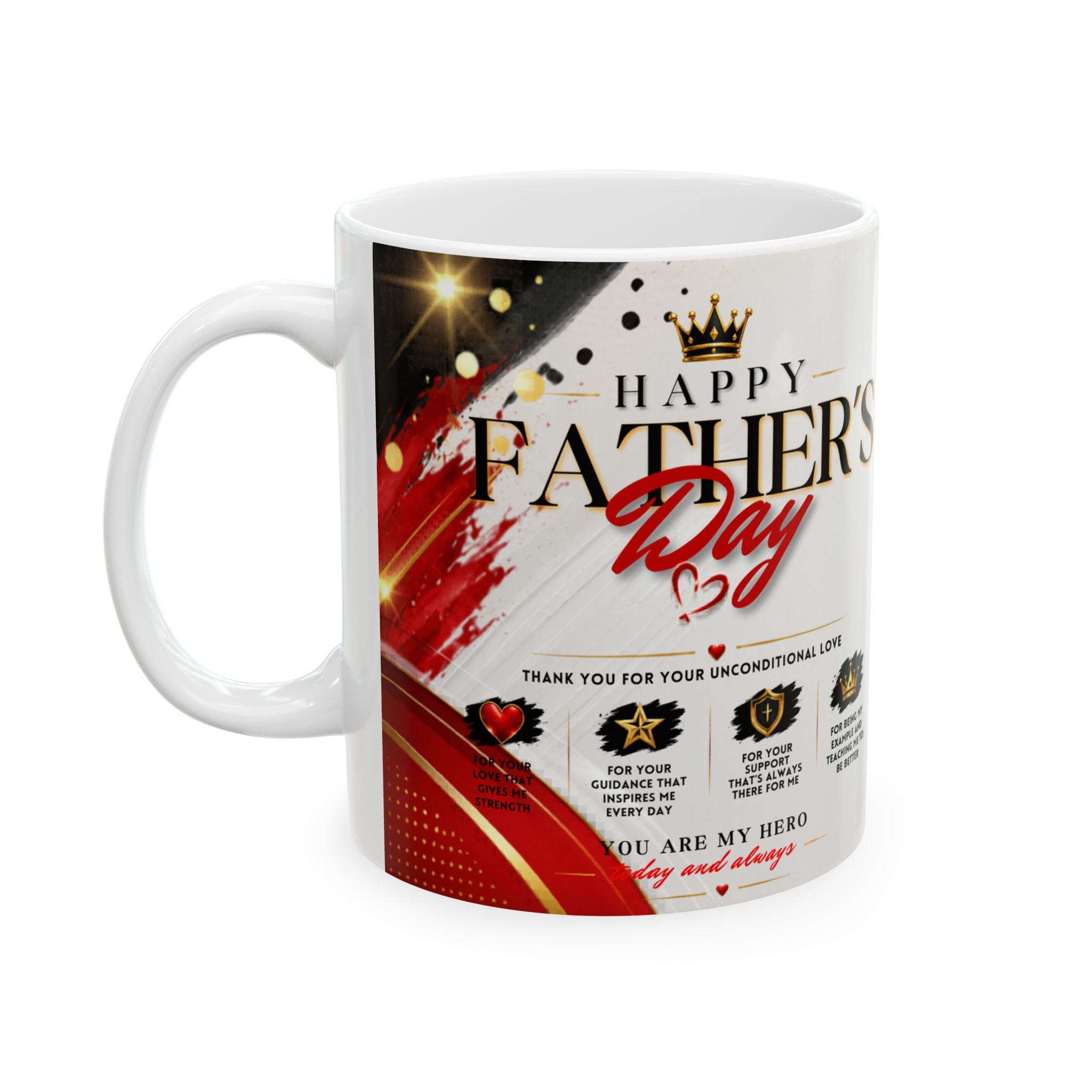 White mug with Father's Day design featuring text and graphics on a white background