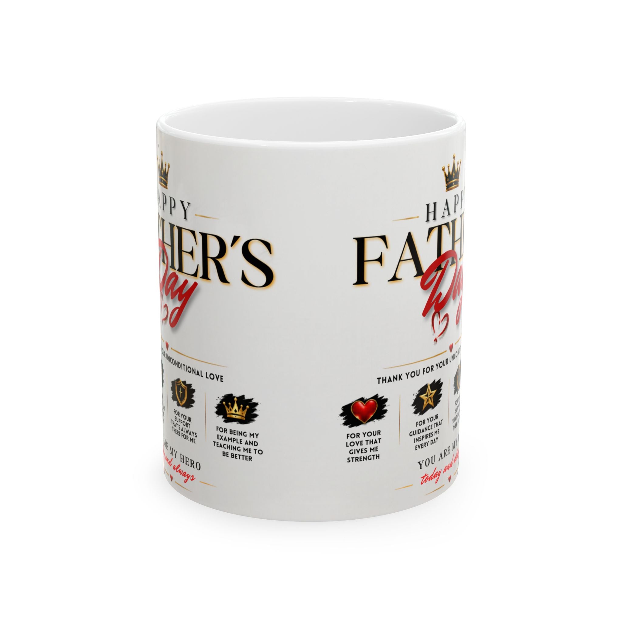 White mug with Father's Day text and graphics on a white background