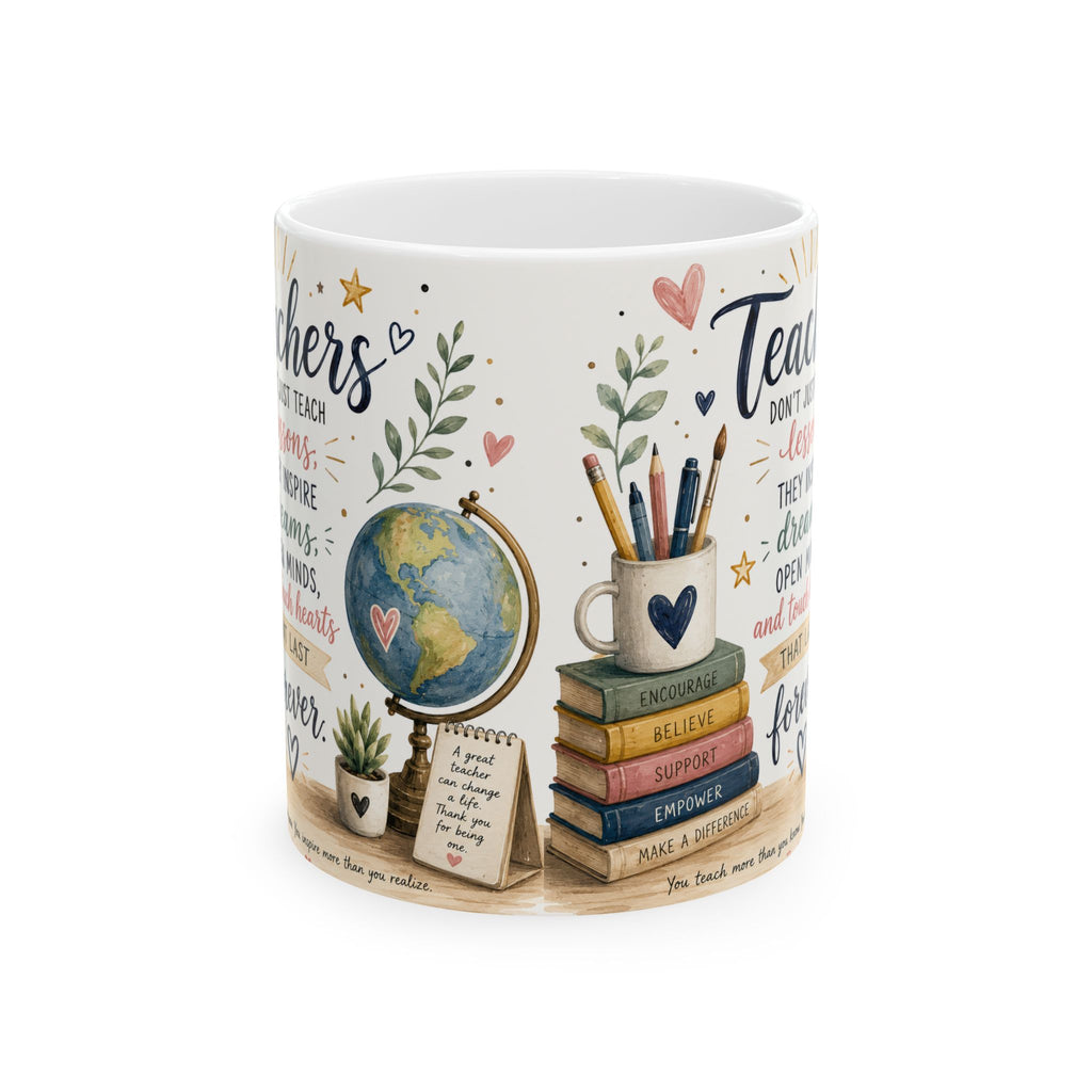Decorative mug with educational-themed design on a white background