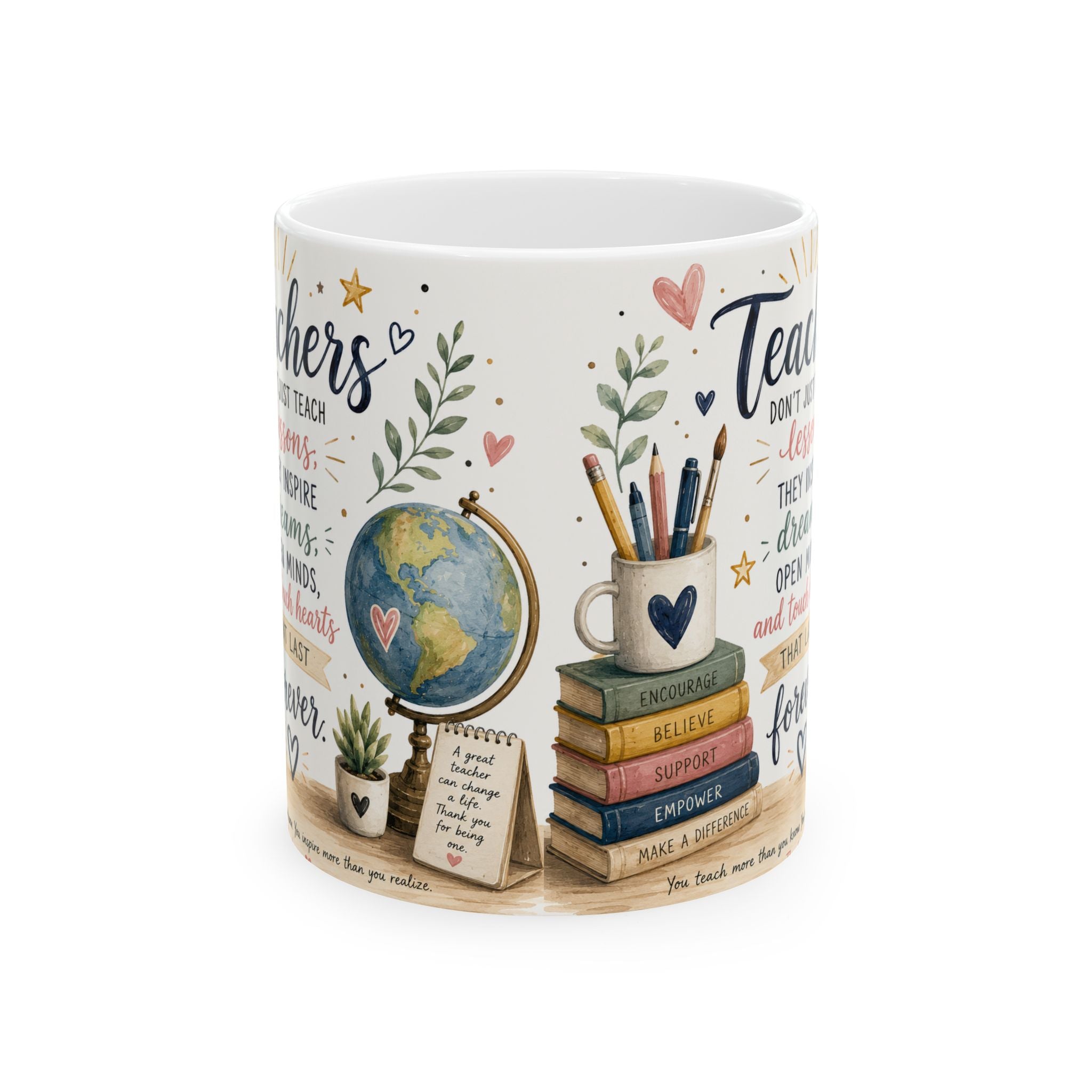 Decorative mug with educational-themed design on a white background