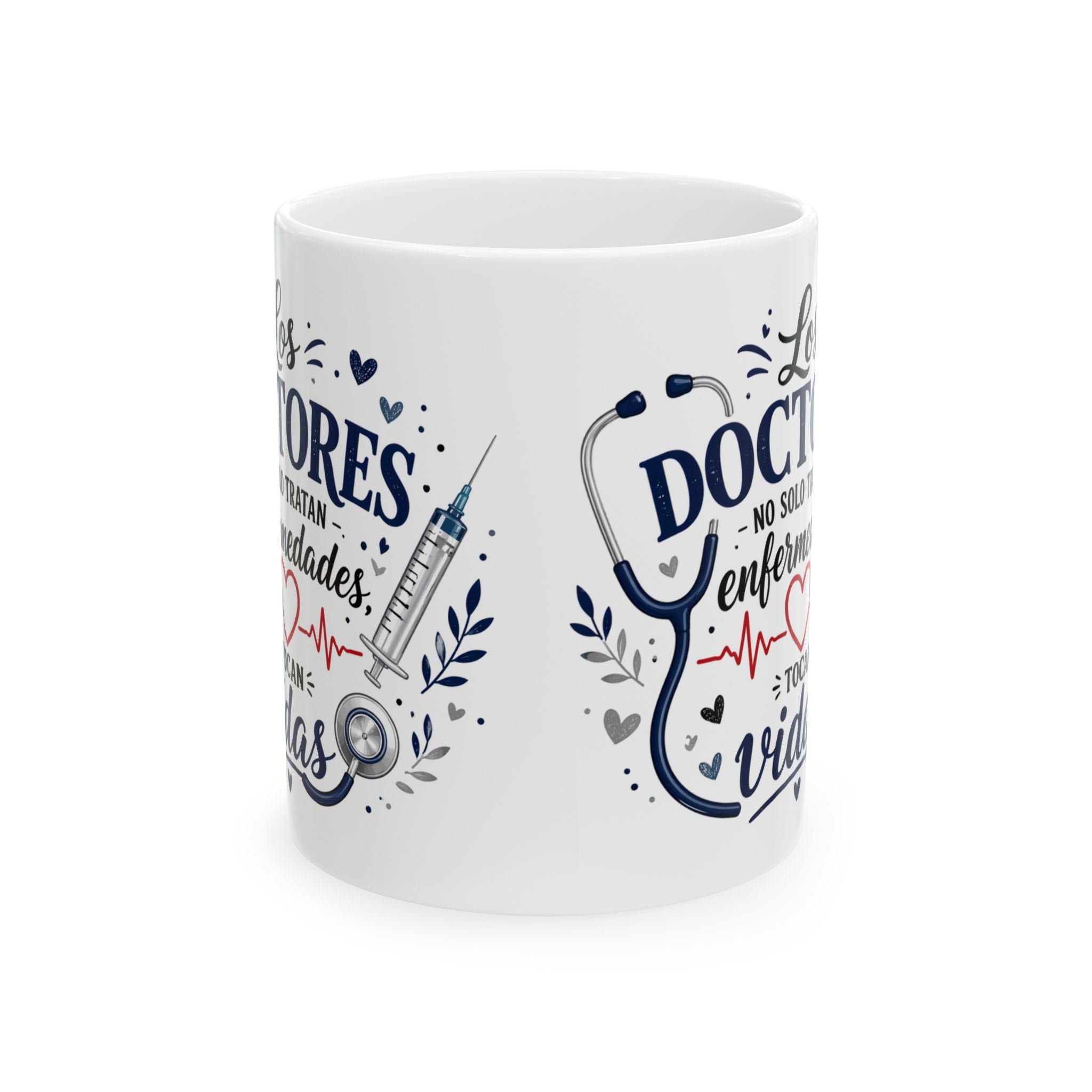 White mug with medical-themed designs and text on a white background