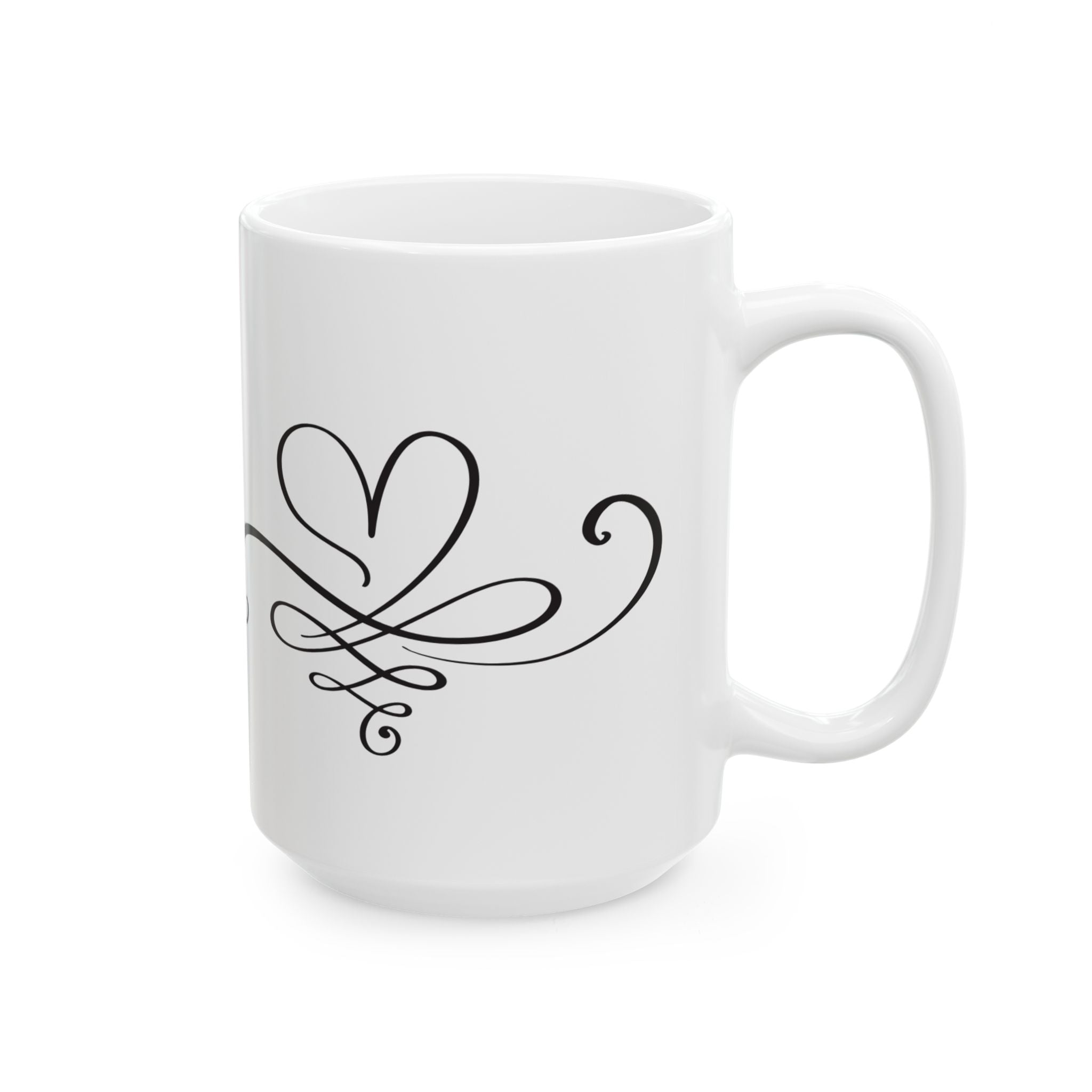 White mug with black decorative heart design on a white background