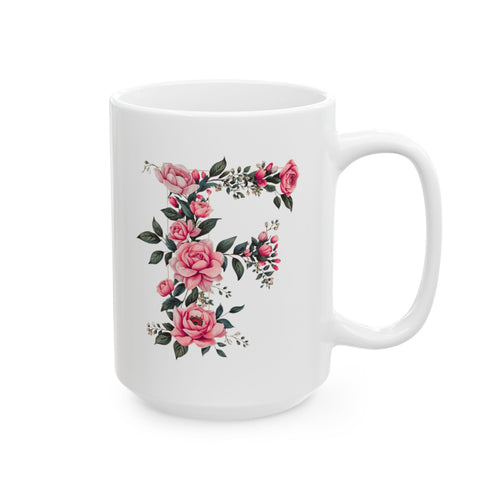 White mug with floral design on a white background