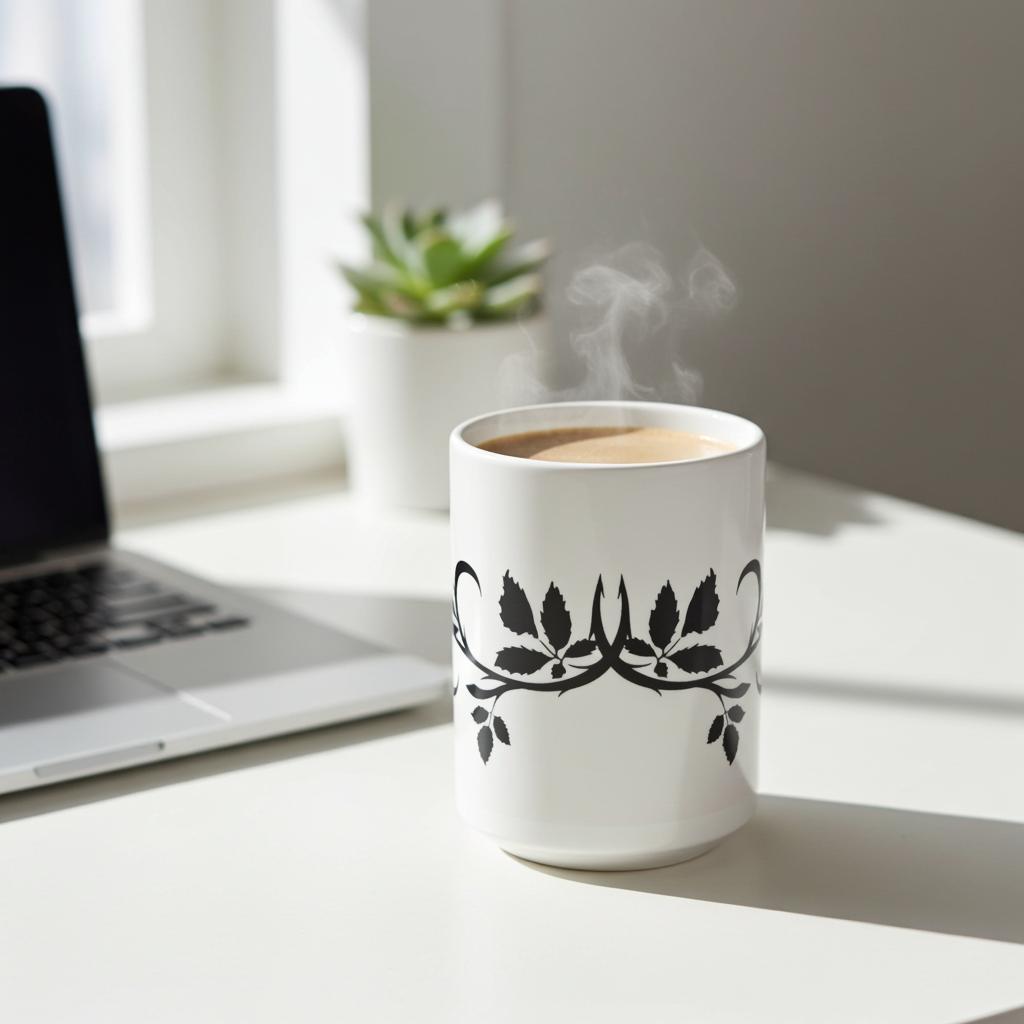 White mug with black rose and leaf design on a desk next to a laptop