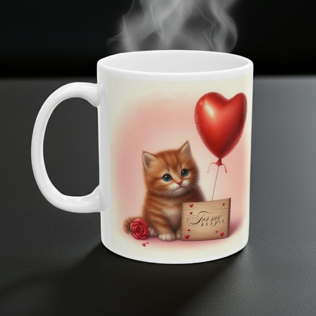 White mug with a cute illustration of a kitten holding a heart-shaped balloon on a dark background