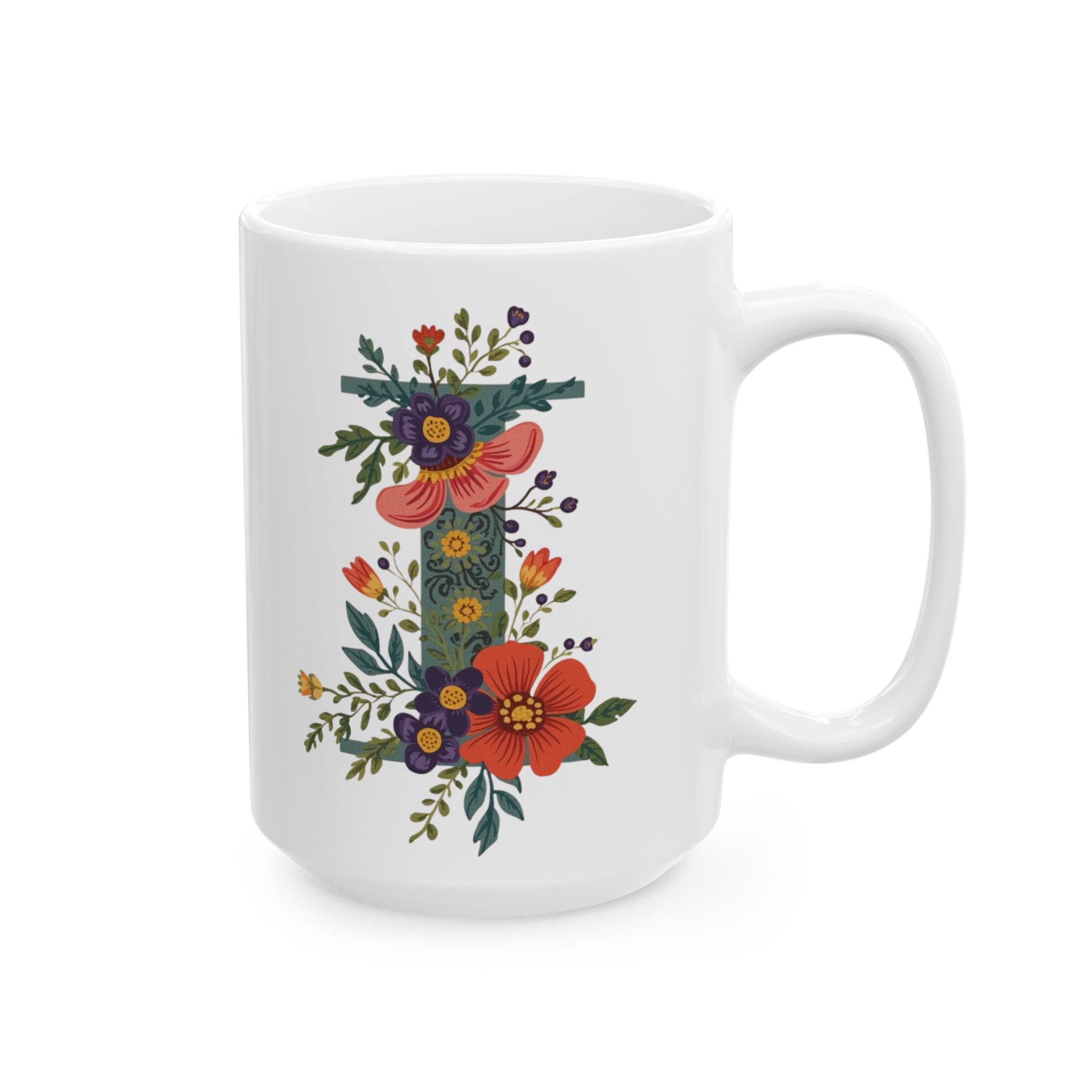 White mug with colorful floral design on a white background