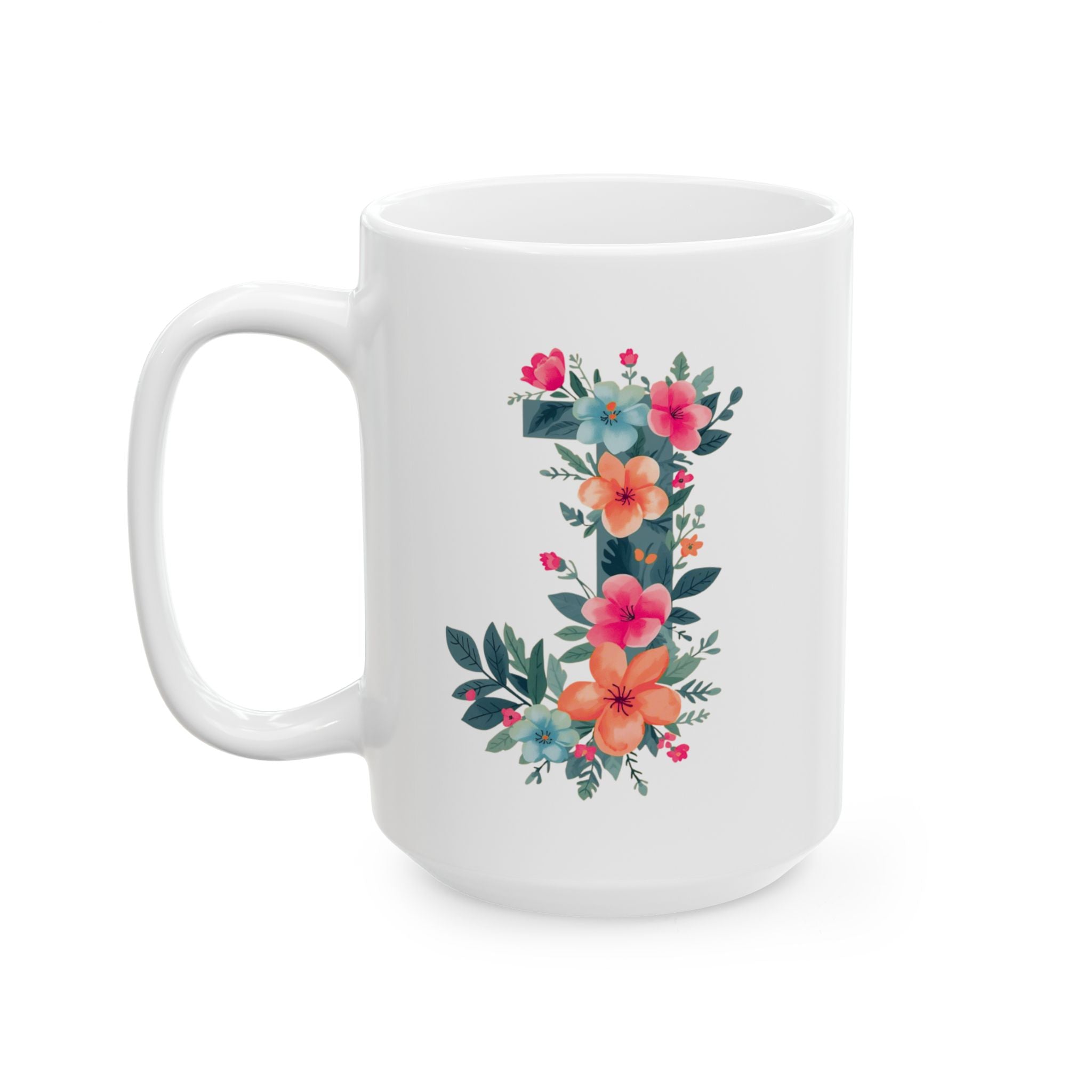 White mug with floral letter 'J' design on a white background