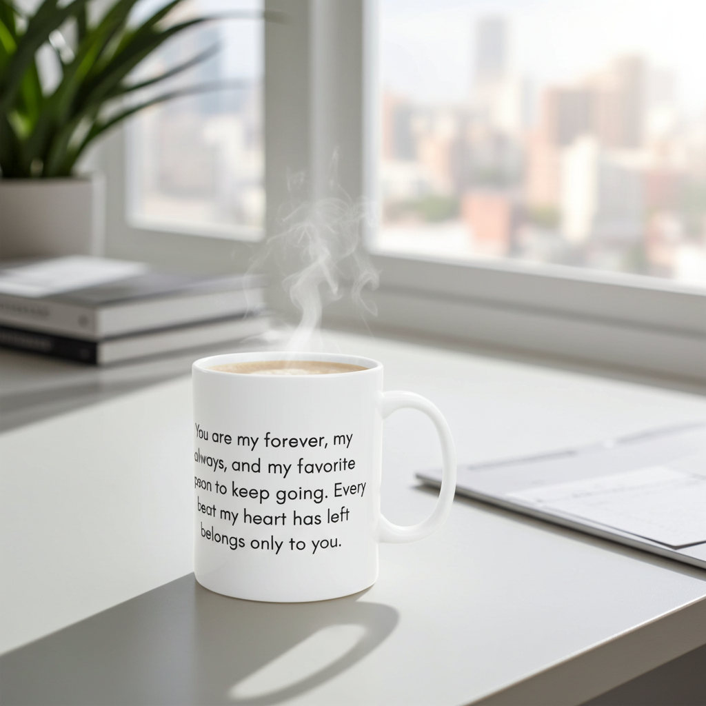 Steaming mug with a romantic quote on a desk with a laptop and plant in the background