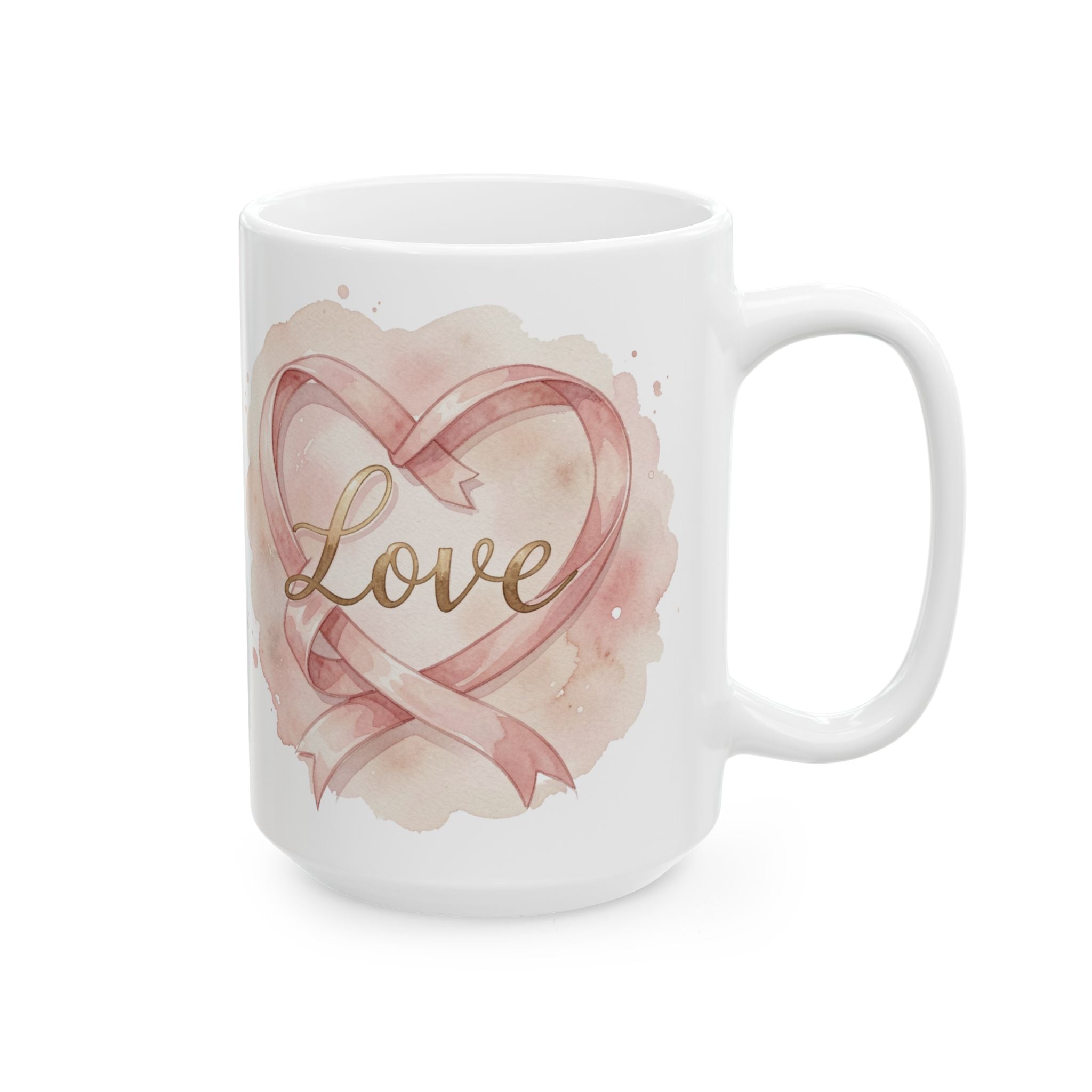 White mug with a pink heart and 'Love' text design on a white background