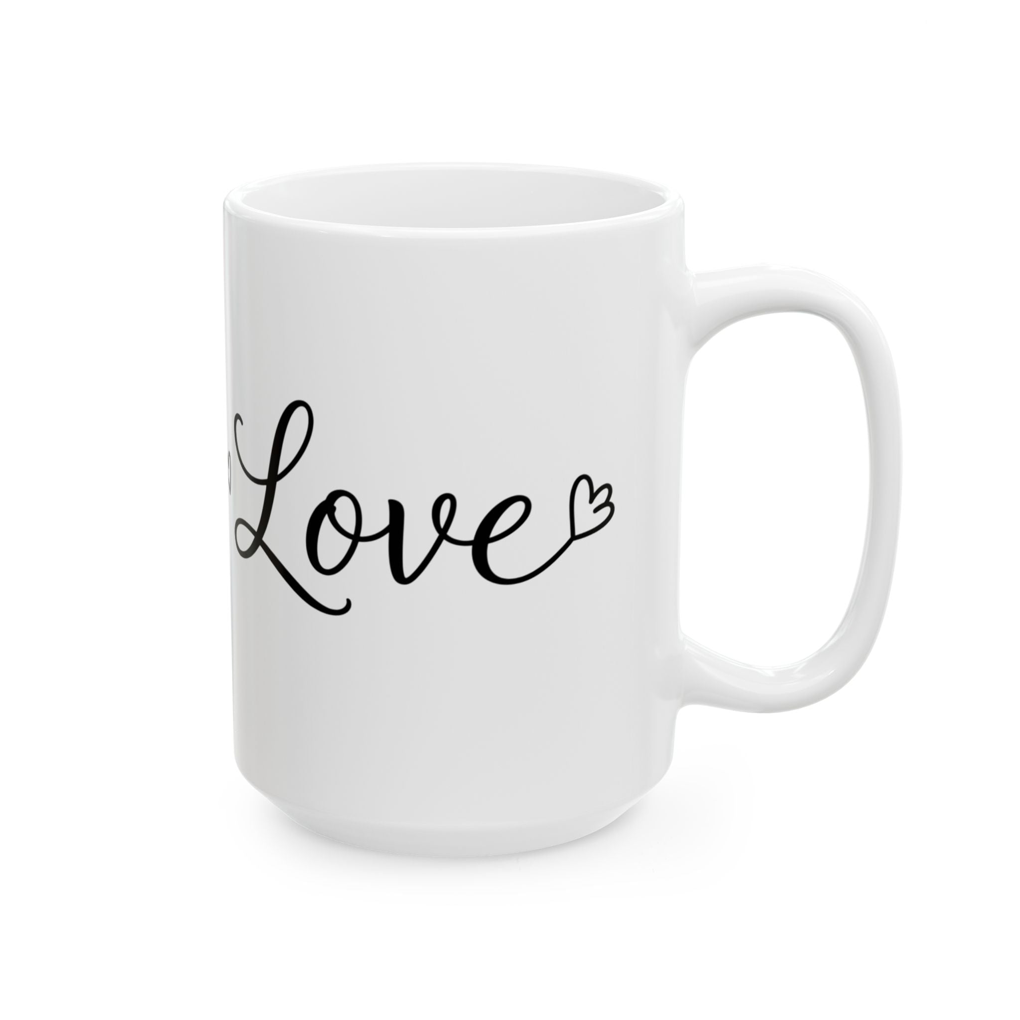 White mug with 'Love' text on a white background
