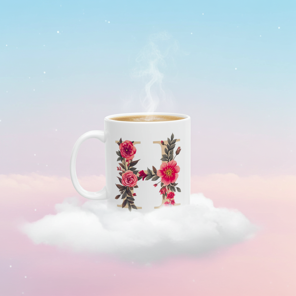 Mug with floral design and letter 'H' on a cloud with a pastel sky background