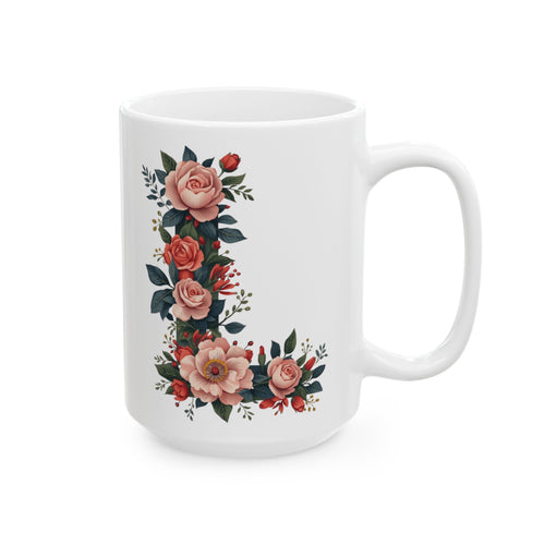 White mug with floral design on a white background