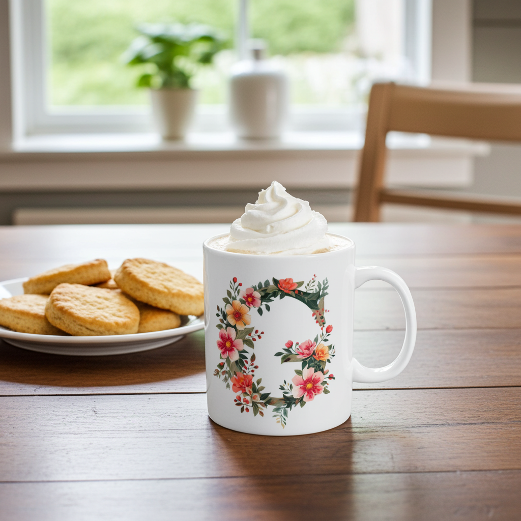White mug with floral design filled with hot chocolate and whipped cream, placed on a wooden table with biscuits.
