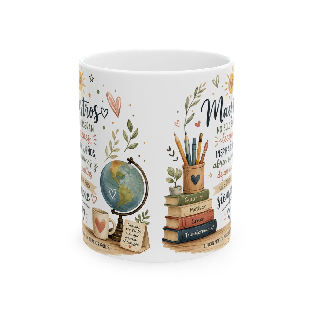 Decorative mug with illustrations and text on a white background