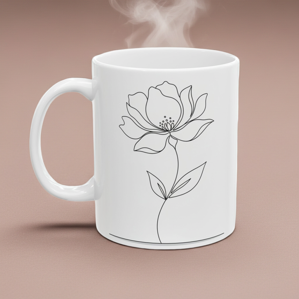 White mug with a black floral design on a brown background