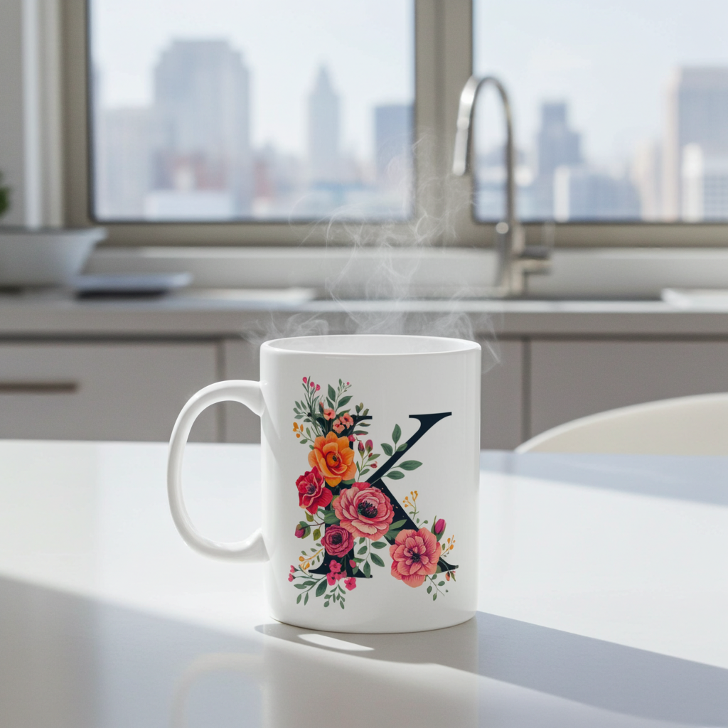 White mug with floral design and letter 'K' in a kitchen setting