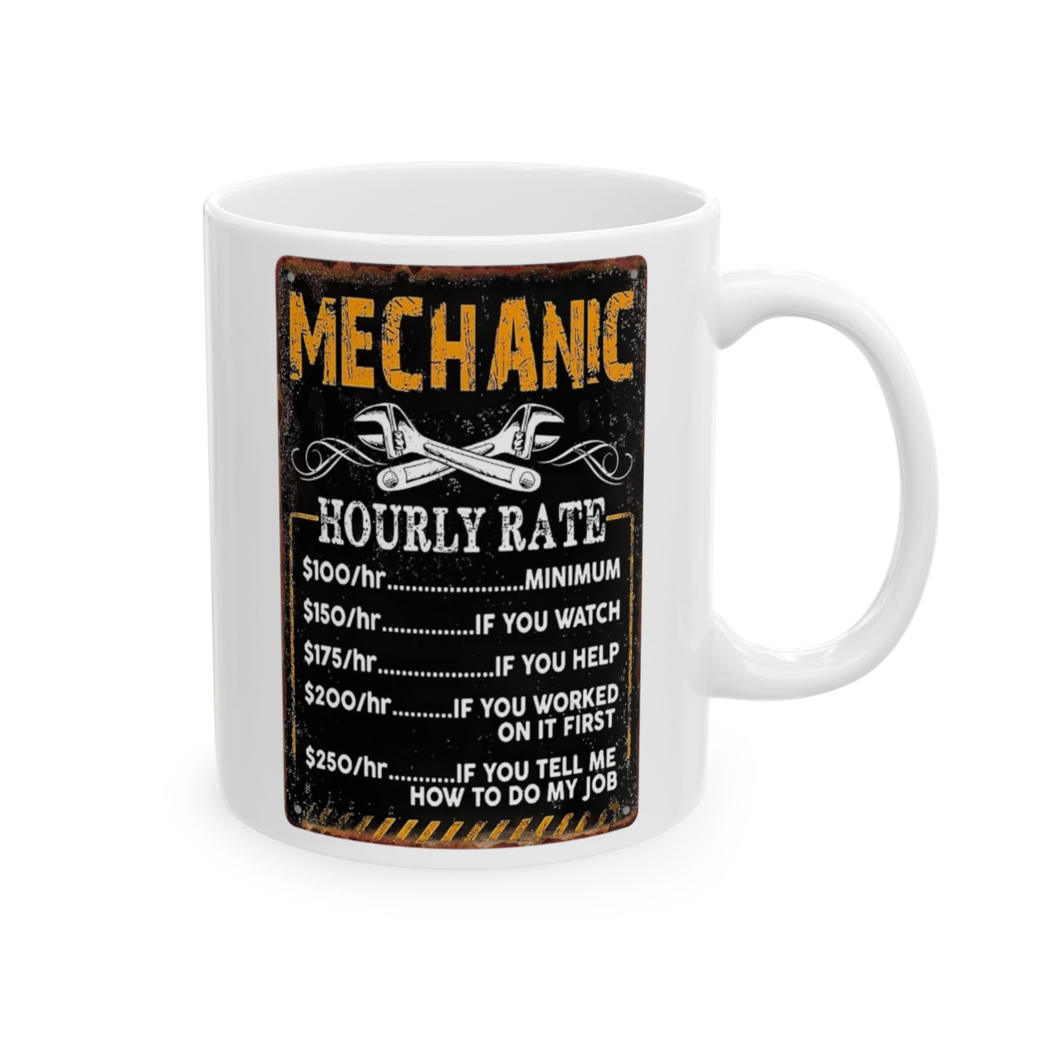White mug with a 'Mechanic Hourly Rate' design on a white background