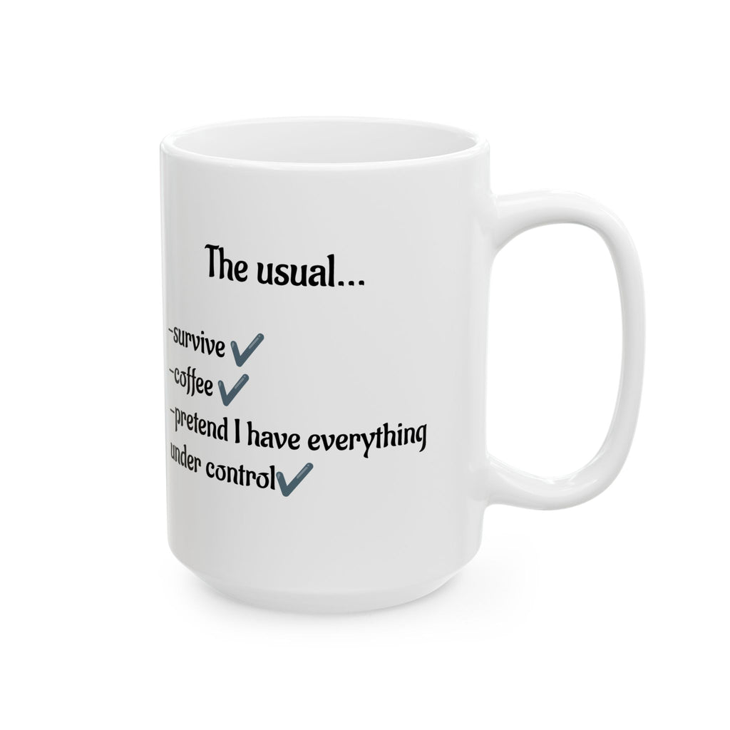 White mug with humorous text and checkmarks on a white background
