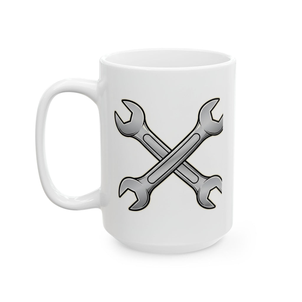 White mug with crossed wrenches design on a white background