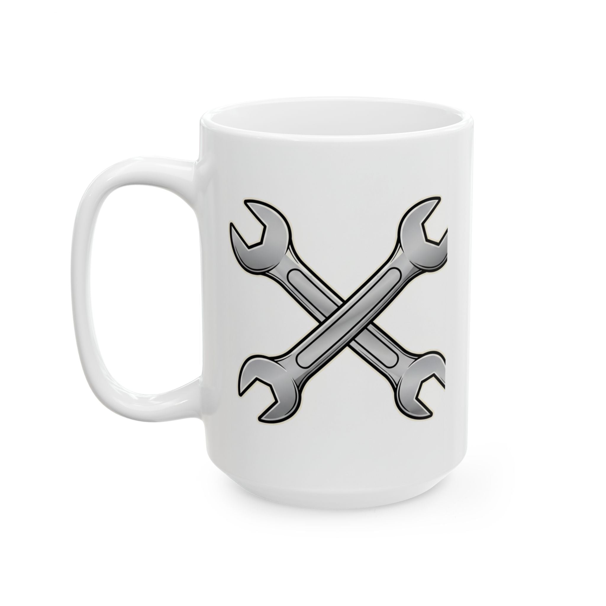 White mug with crossed wrenches design on a white background