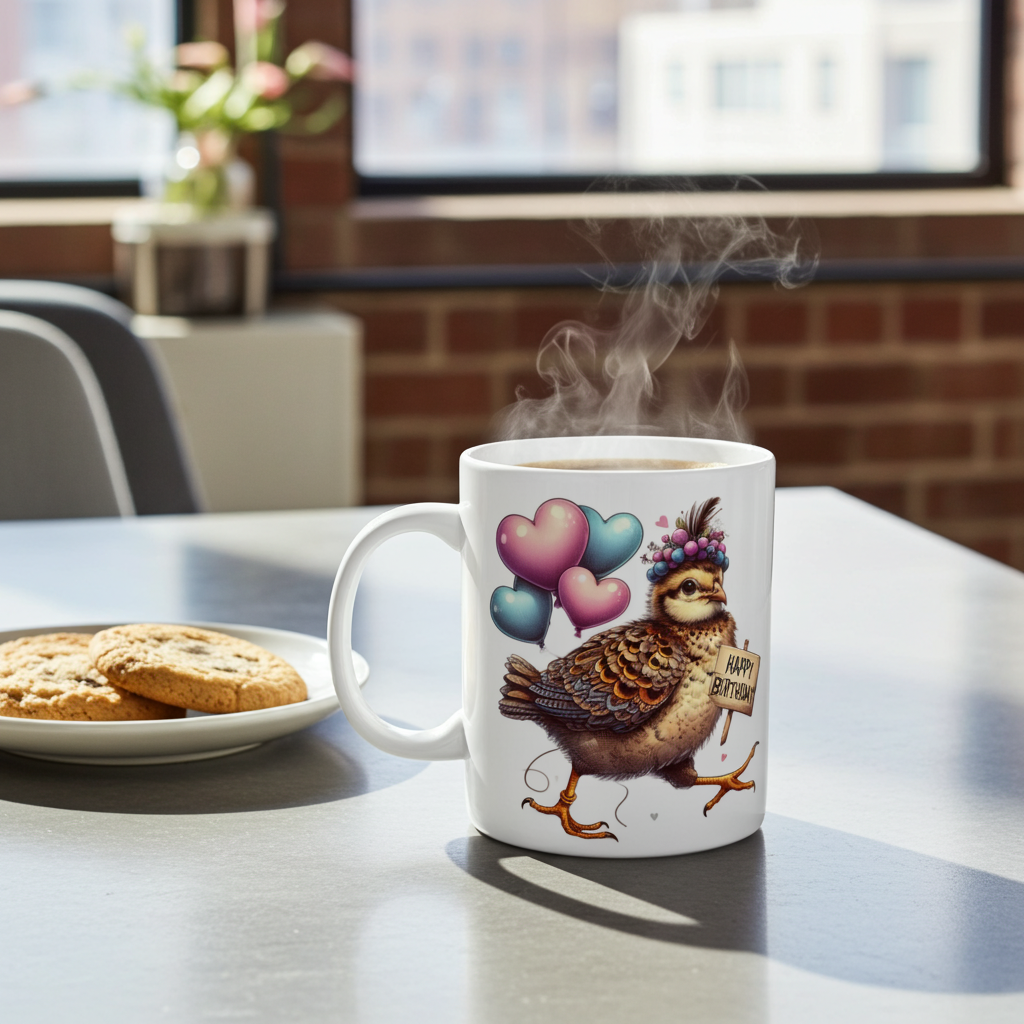White mug with a bird design and heart balloons on a table with cookies and a plate.