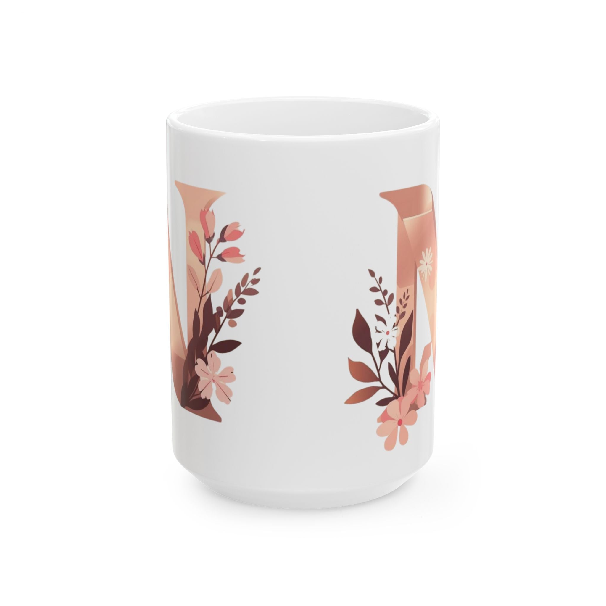 White mug with floral designs on a white background