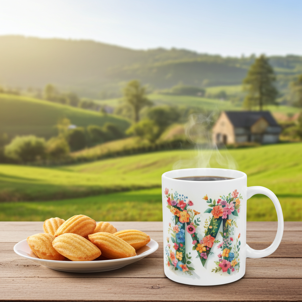 White mug with floral letter 'M' design on a wooden table with cookies and a scenic background