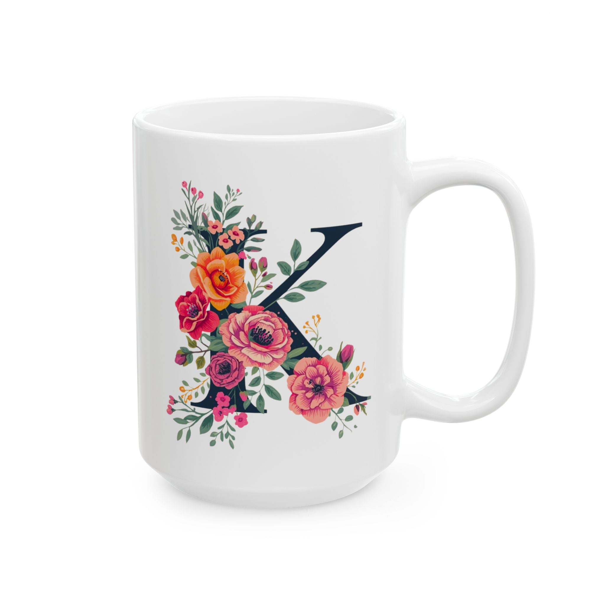 White mug with floral design and letter 'K' on a white background