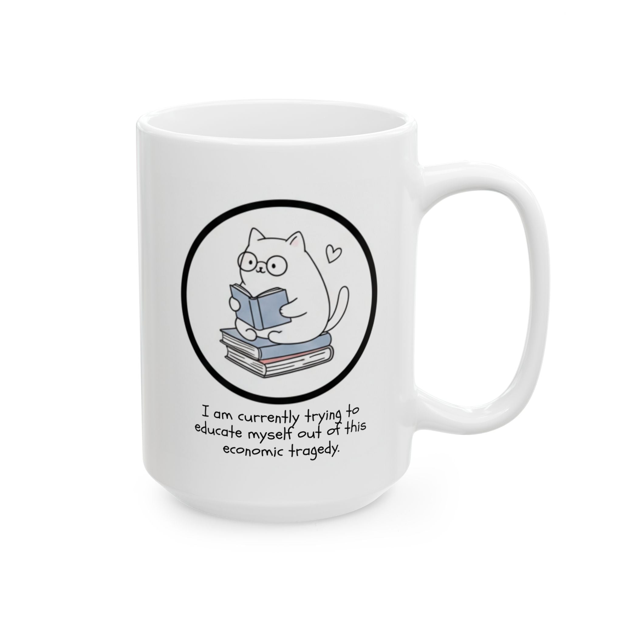 White mug with a cat illustration and text on a white background