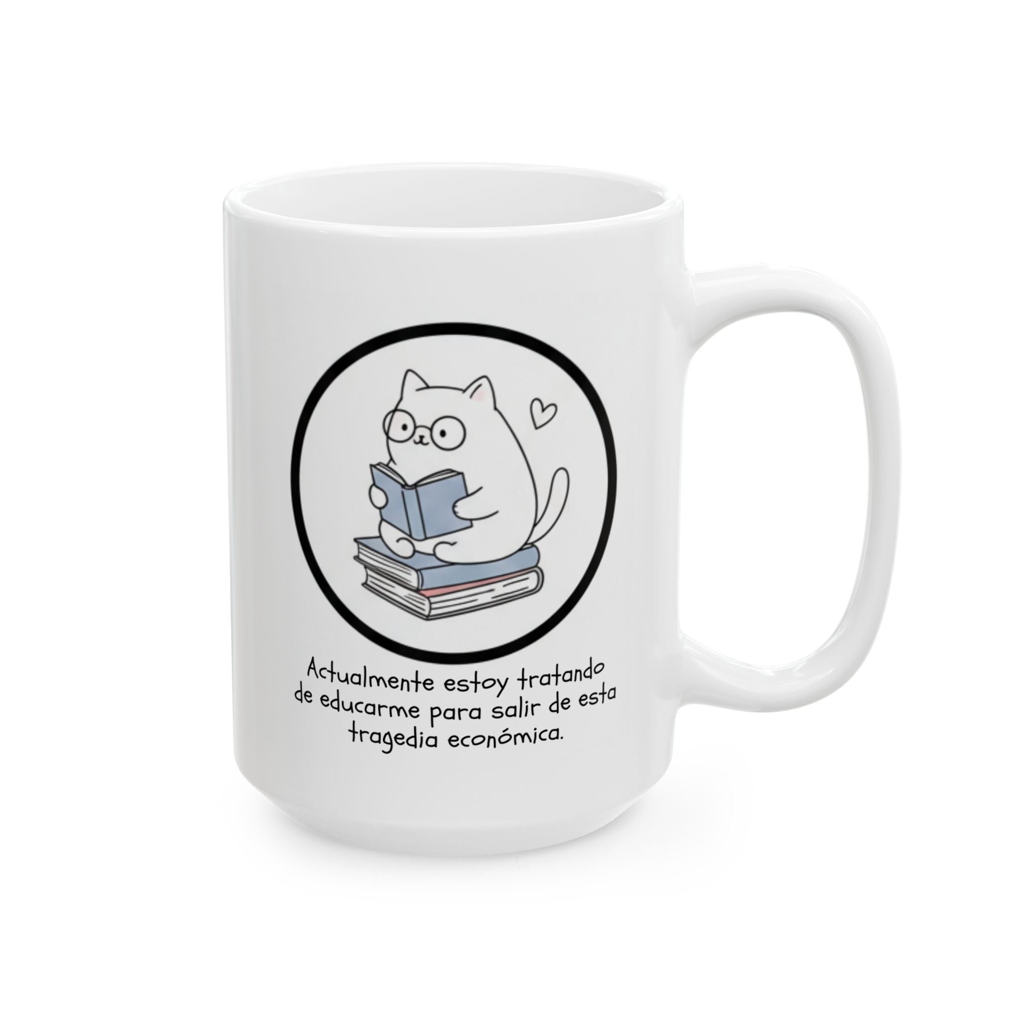 White mug with a cat illustration and text on a white background