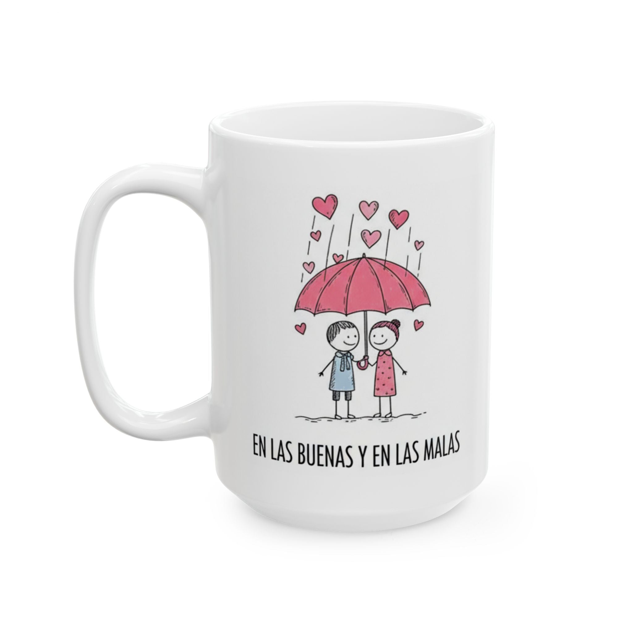 White mug with a design of two people under a pink umbrella with hearts, on a white background.