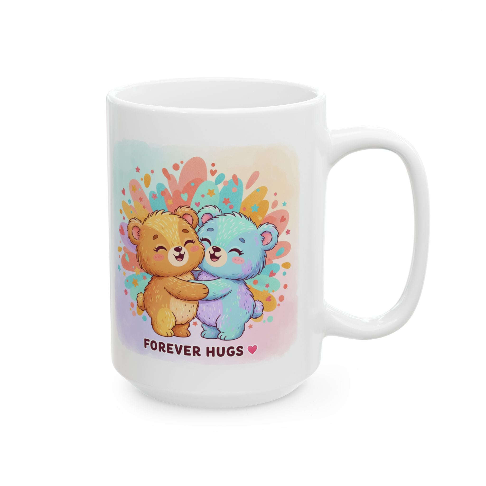 White mug with cartoon bears hugging and 'Forever Hugs' text on a colorful background