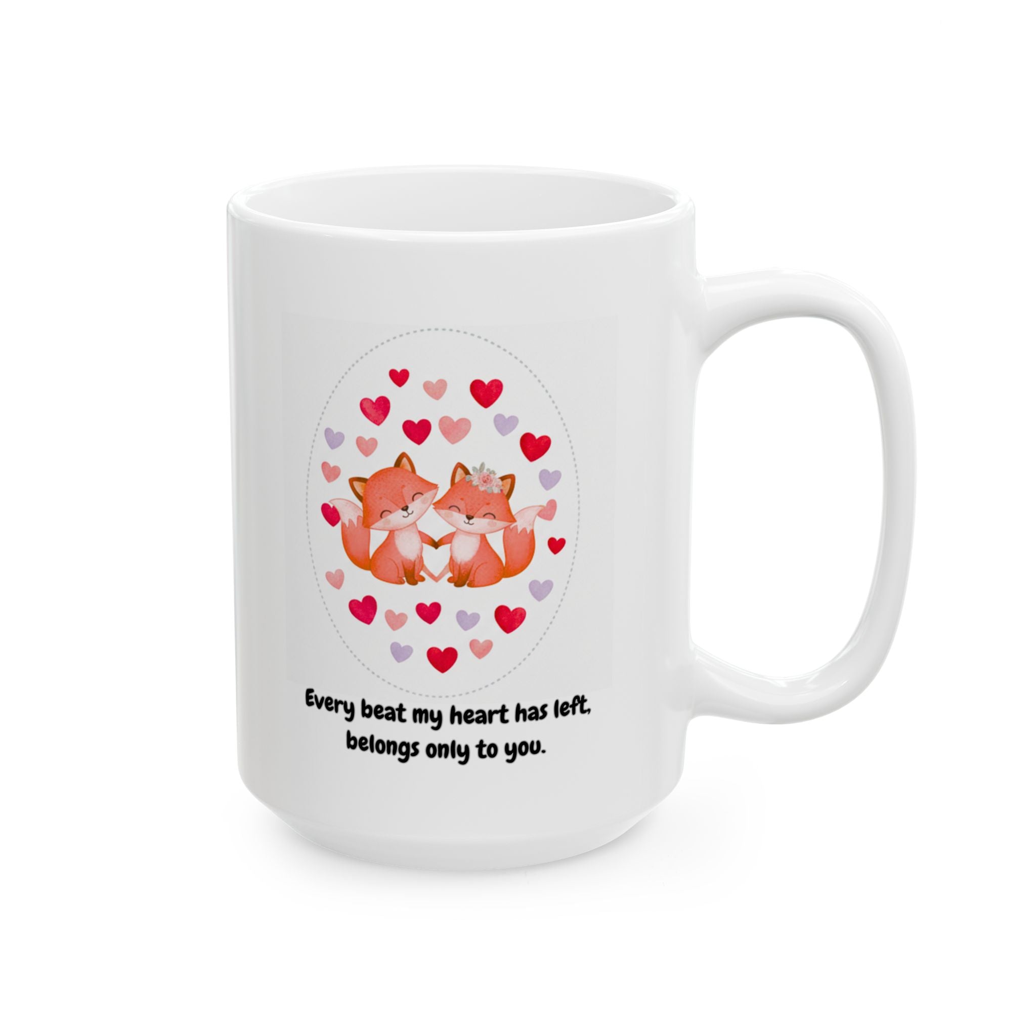 White mug with fox and heart design on a white background