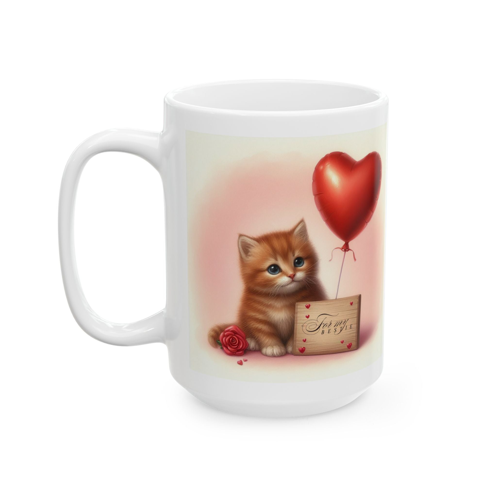 White mug with a design of a kitten holding a heart-shaped balloon and a love letter, on a white background.