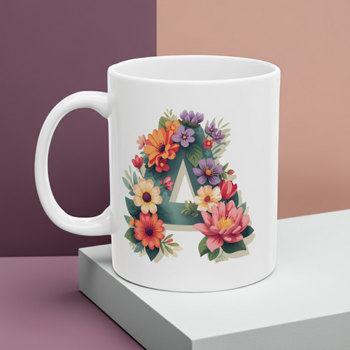 White mug with floral letter 'A' design on a two-tone background