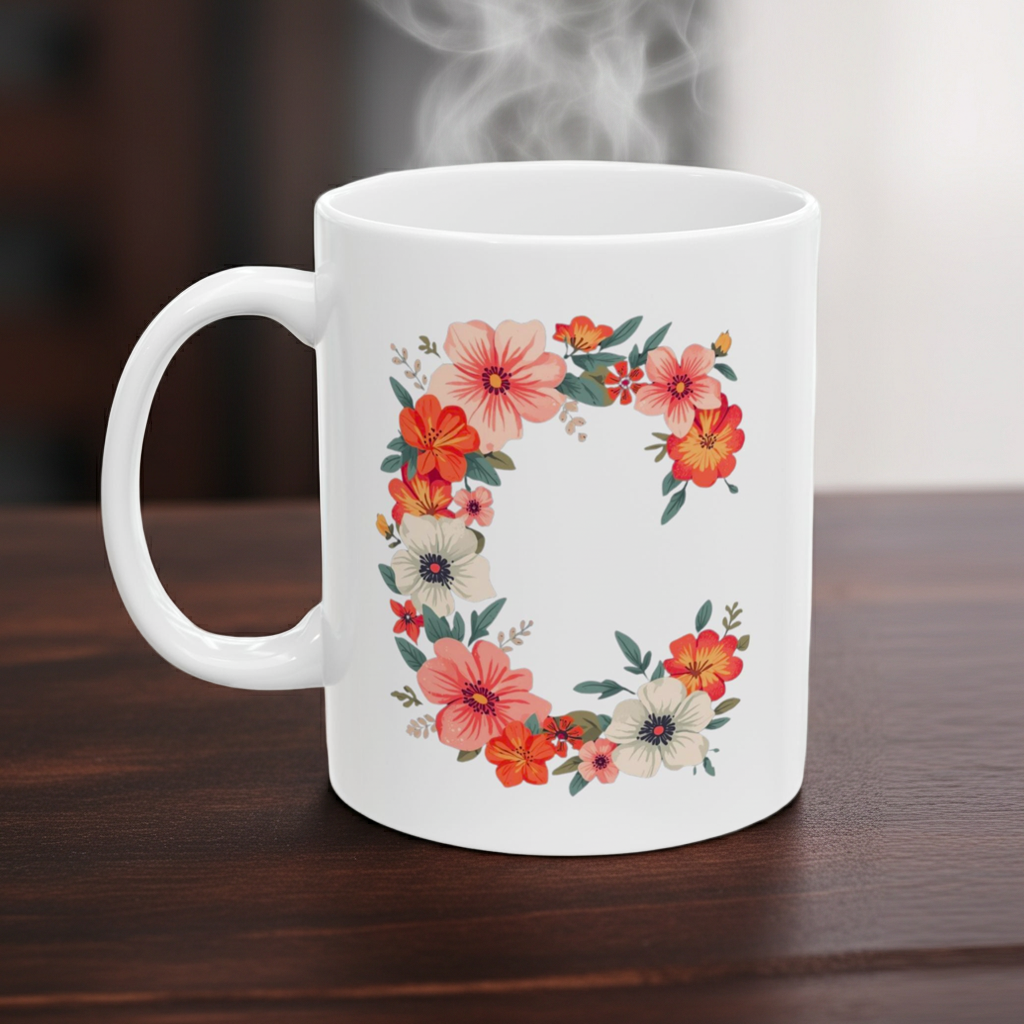 White mug with floral C design on a wooden surface