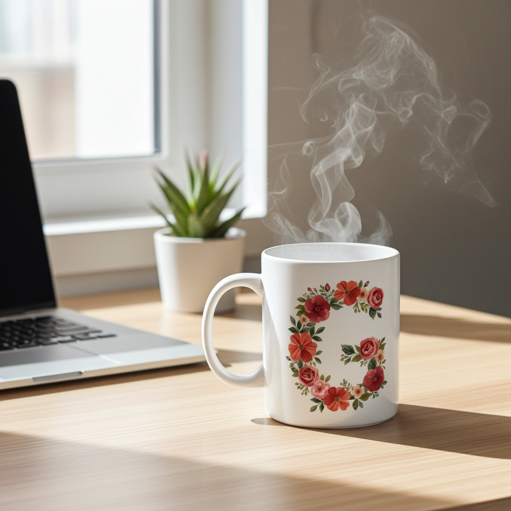 White mug with floral design on a wooden desk next to a laptop and plant