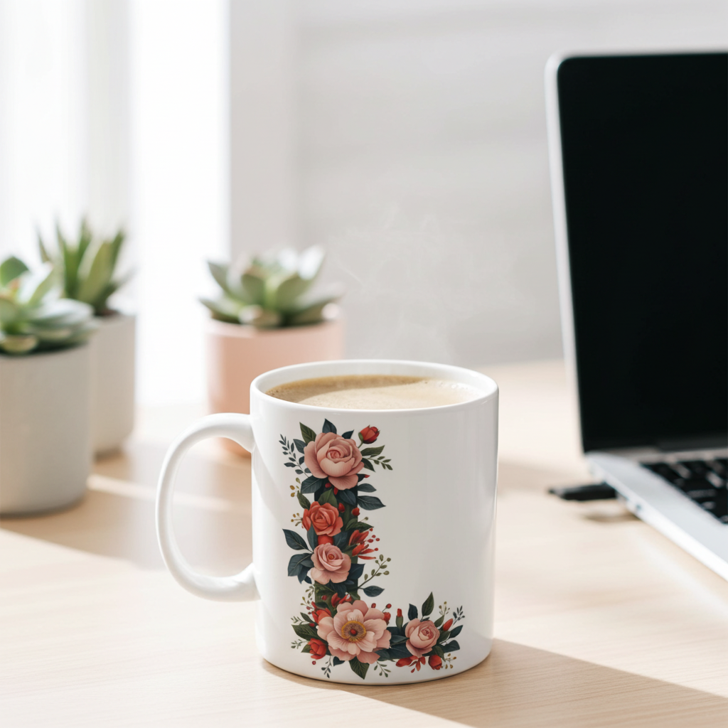 Floral mug on a desk with a laptop and plants in the background
