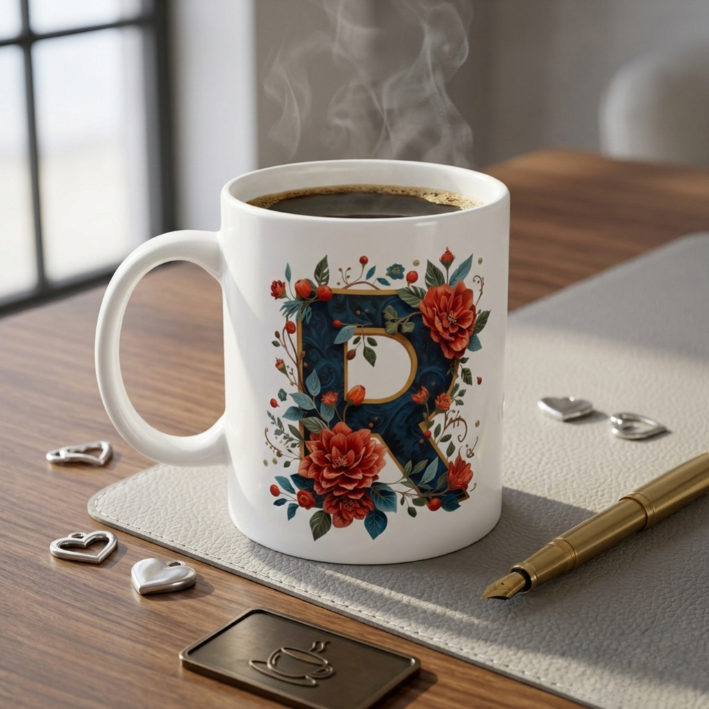 White mug with floral design and letter 'R' on a wooden table with coffee and decorative items.