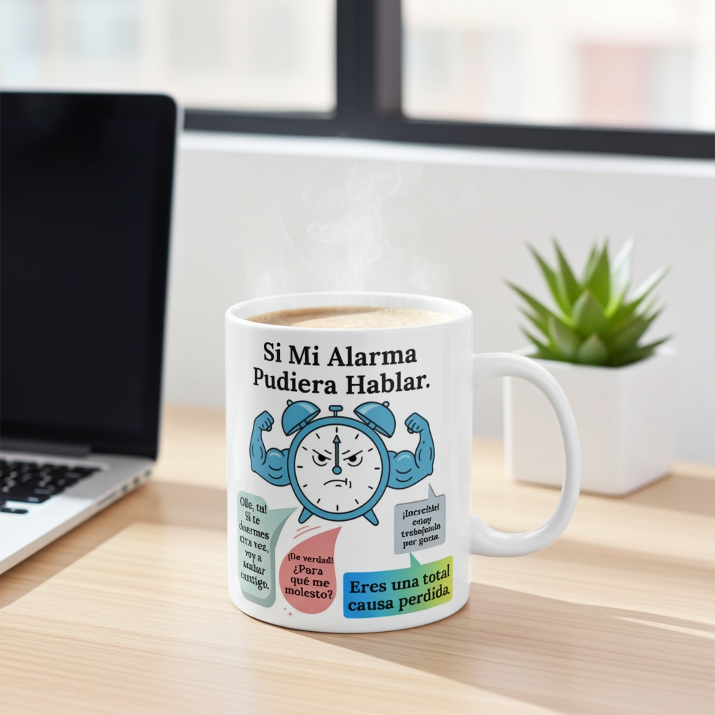 Mug with a humorous design on a desk with a laptop and plant