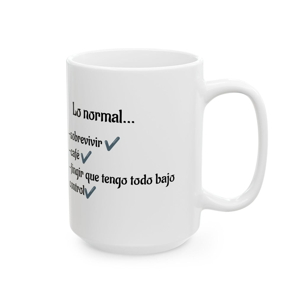 White mug with text and checkboxes on a white background