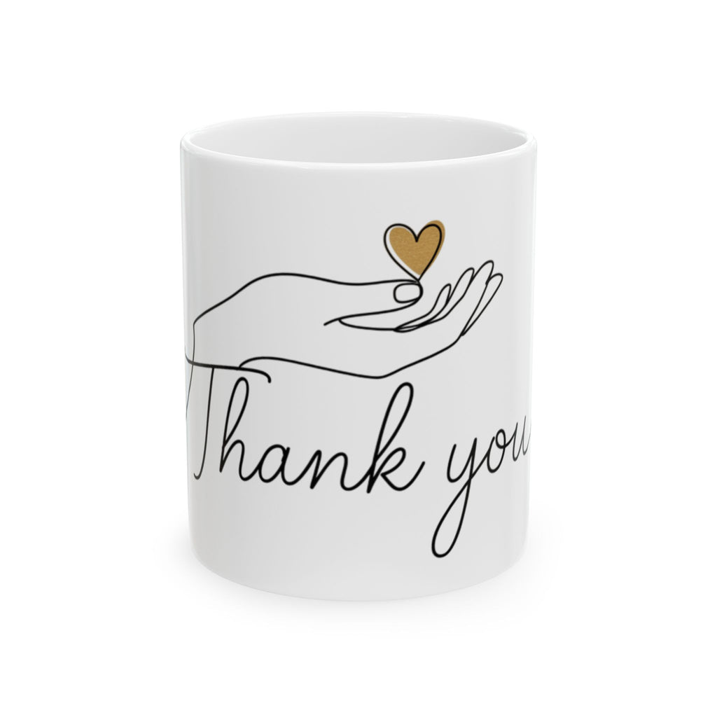 White mug with a design of a hand holding a heart and 'Thank you' text on a white background