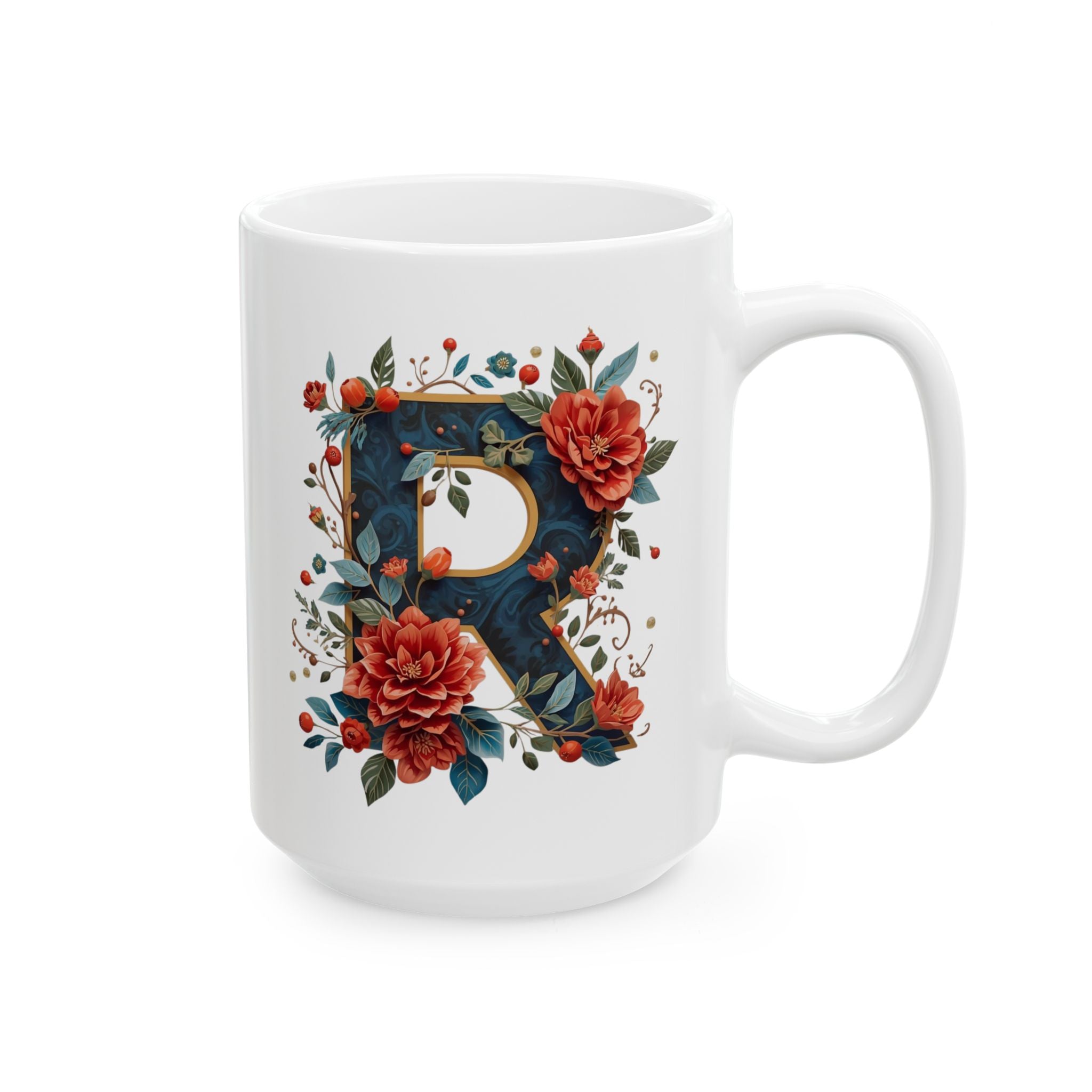White mug with floral design and letter 'R' on a white background