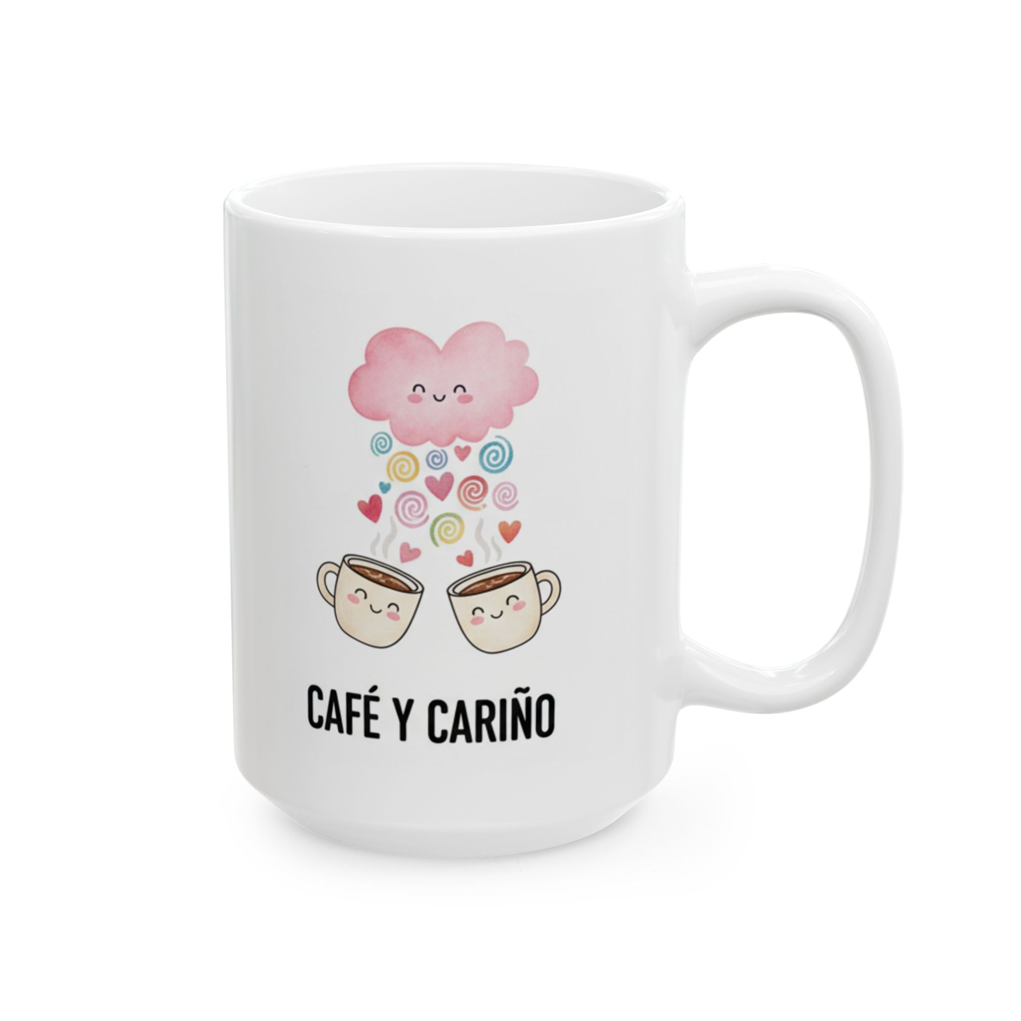 White mug with cartoon coffee cups and a cloud, featuring 'Café y Cariño' text on a white background.