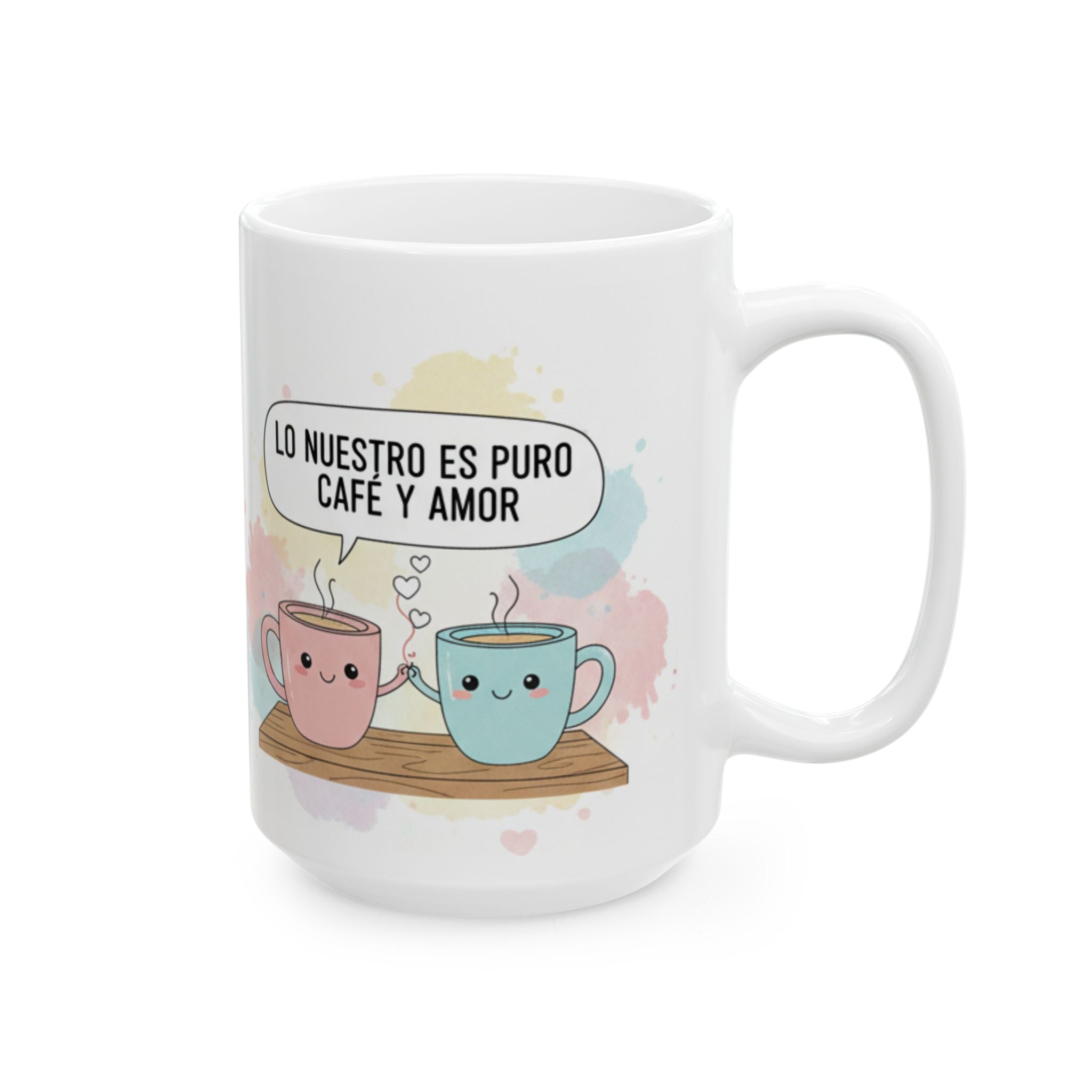 Mug with cartoon coffee cups and text on a white background