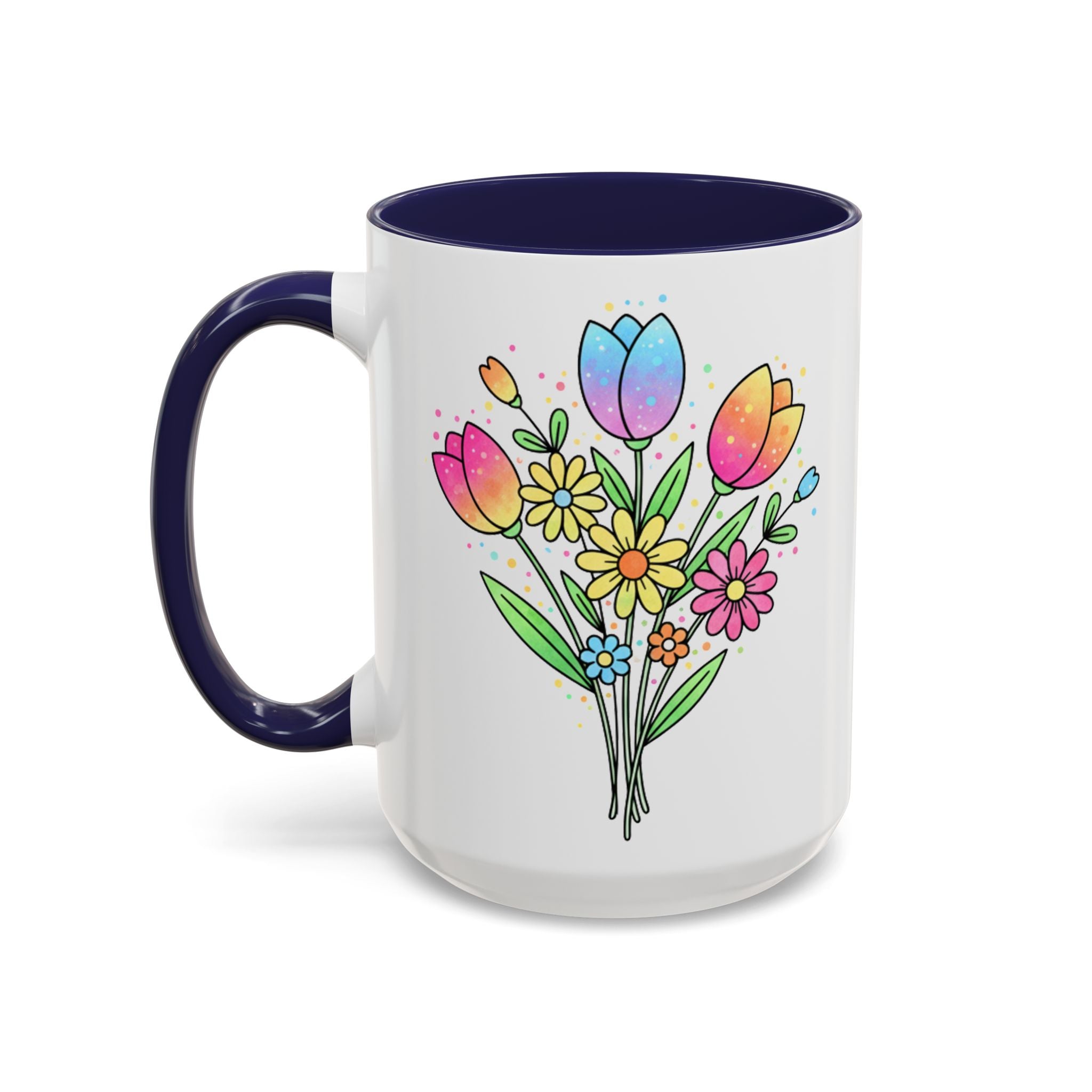 White mug with a colorful floral design and navy handle on a white background