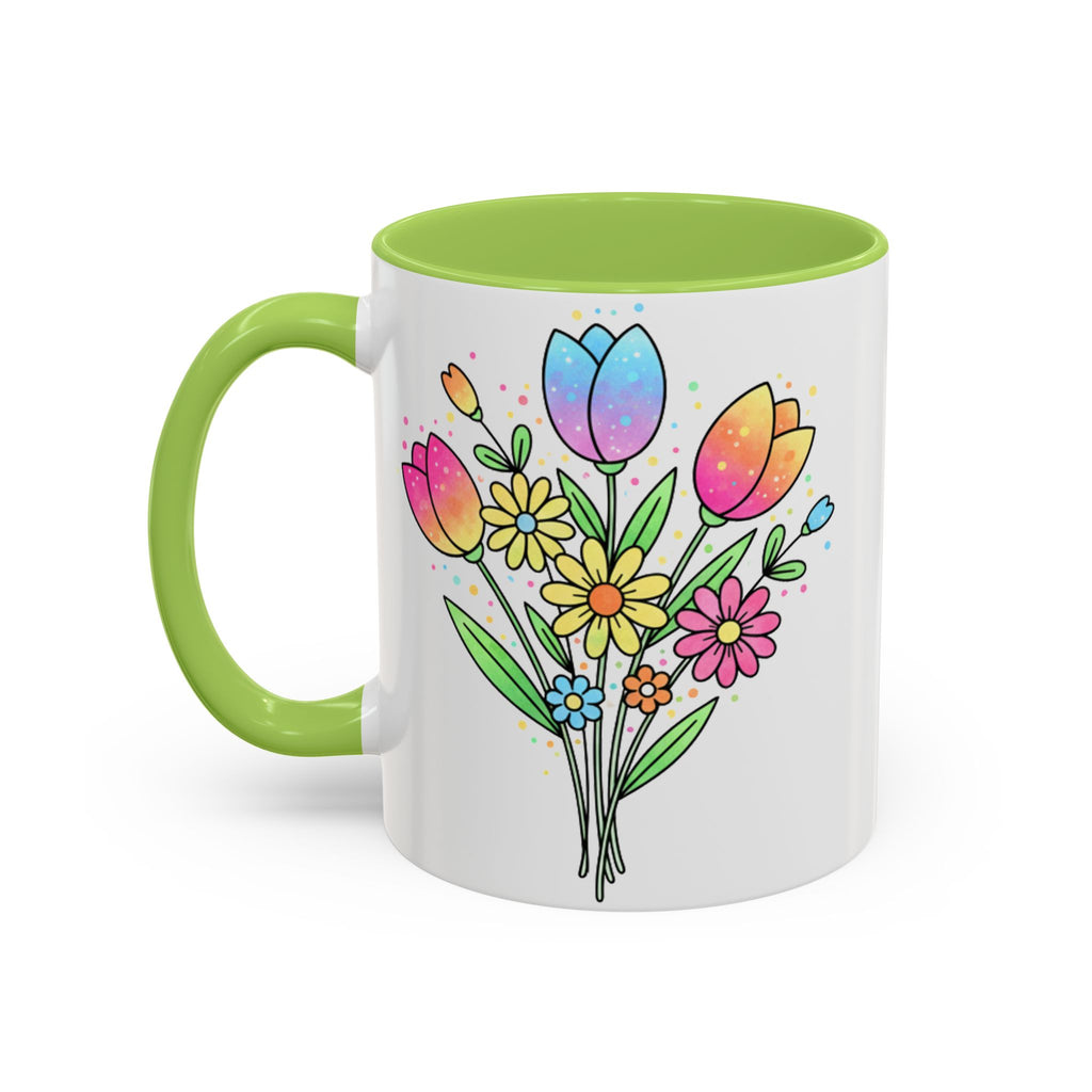 Mug with colorful floral design and green handle on a white background