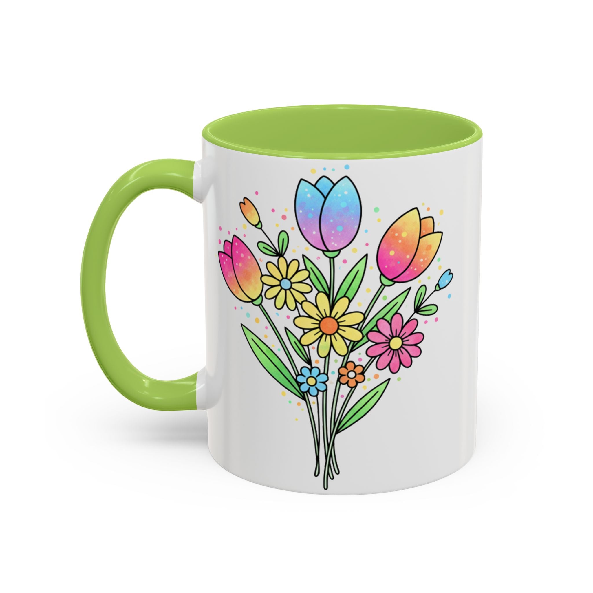 Mug with colorful floral design and green handle on a white background